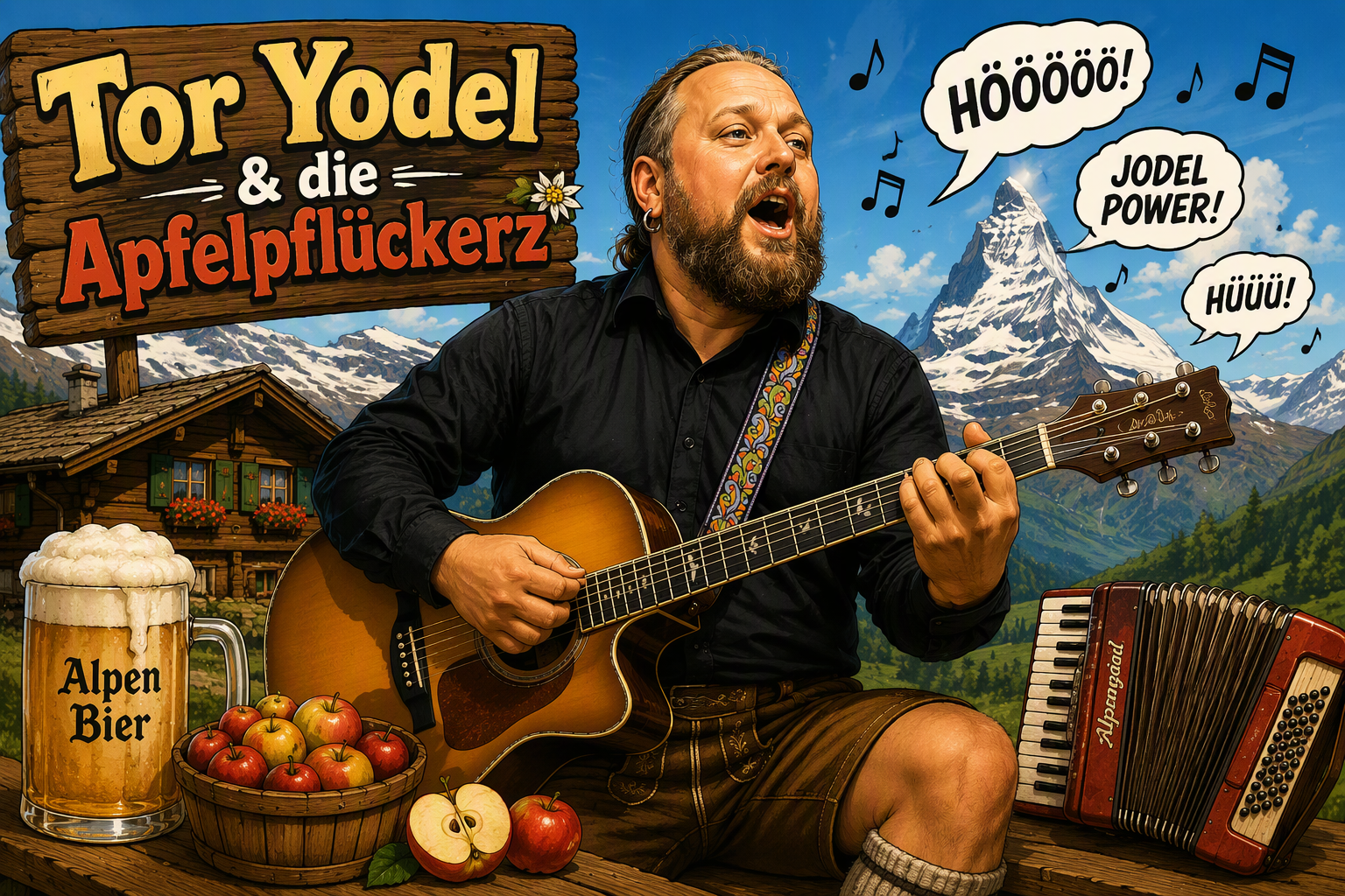 Tor Yodel & die Apfelpflückerz framfor eit alpelandskap med gitar, trekkspel og eple